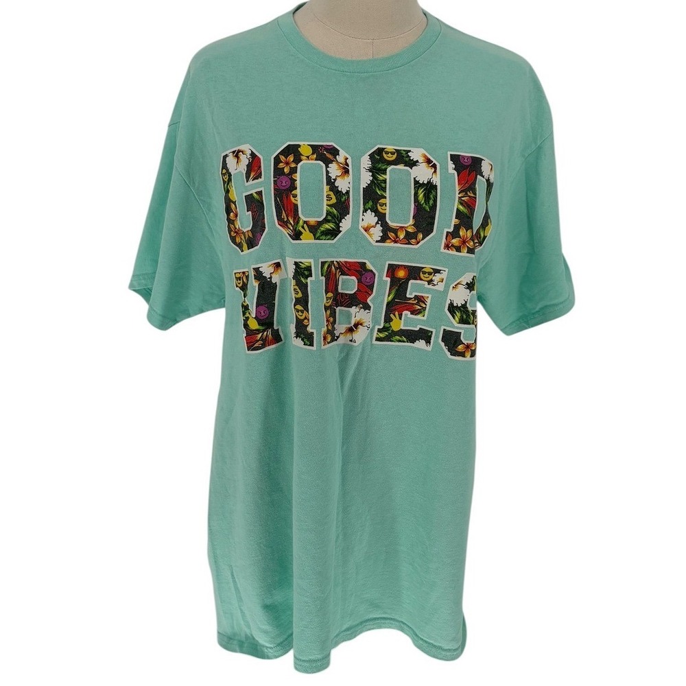 Neon Nights T-Shirt Green Good Vibes Floral Emoji 100% Cotton Large